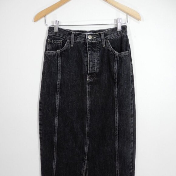 TOPSHOP Denim Maxi Long SKIRT Size 4 Destroyed Hem Front Slit Black NEW - Picture 6 of 10